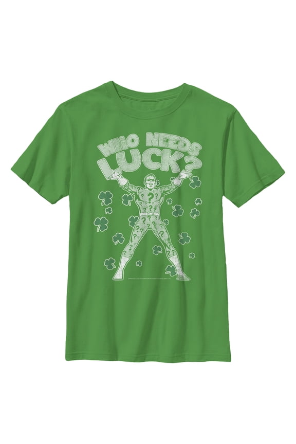 Boy's Batman St. Patrick's Day Riddler Who Needs Luck Distressed Graphic Tee Kelly Green Medium