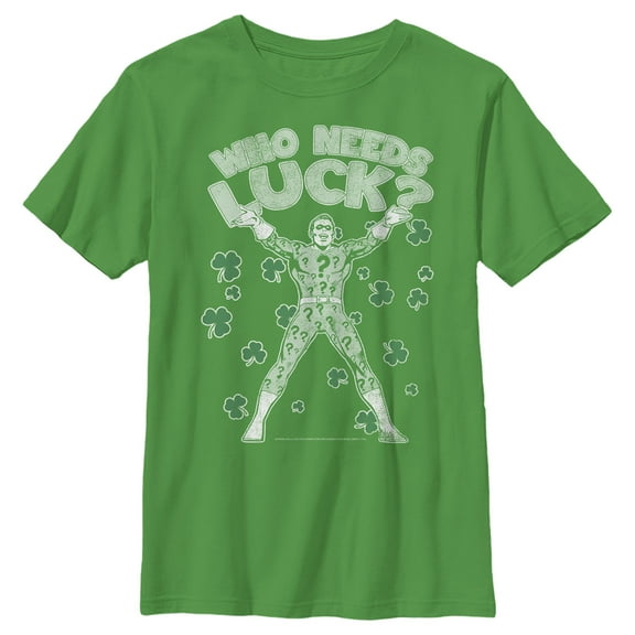 Boy's Batman St. Patrick's Day Riddler Who Needs Luck Distressed  Graphic Tee Kelly Green X Small