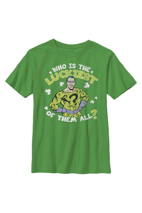 Boy's Batman St. Patrick's Day Riddler Who is the Luckiest of Them All? Graphic Tee Kelly Green X Small