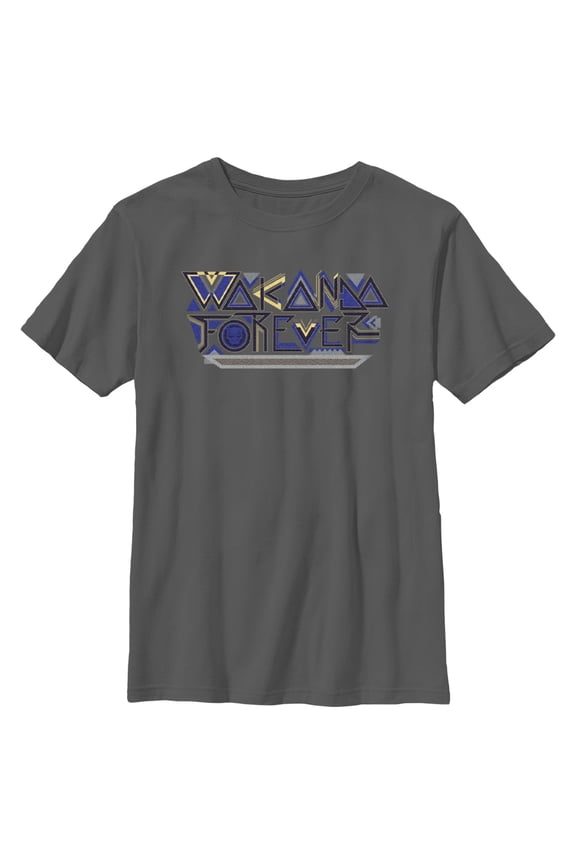 Boy's Black Panther: Wakanda Forever Yellow and Blue Pattern Logo Graphic Tee Black Large