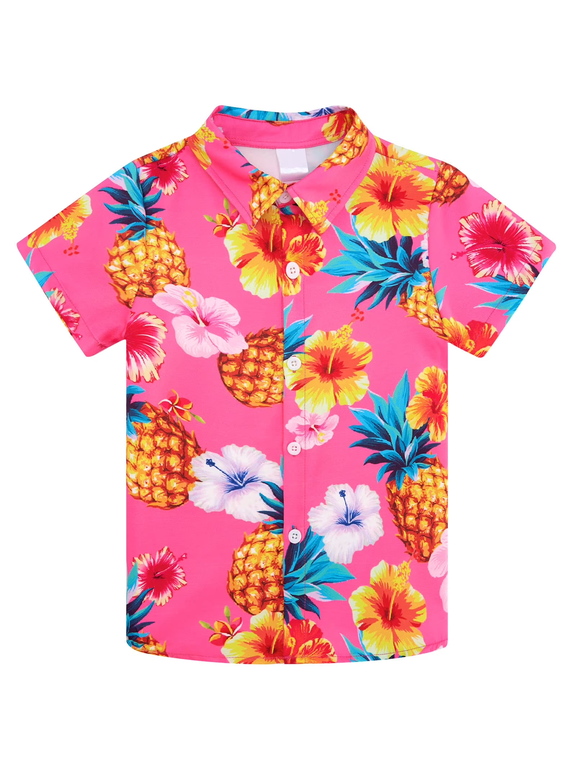 Boy's Button Down Hawaiian Shirts Short Sleeve Aloha Shirt Pineapple Printed Tops