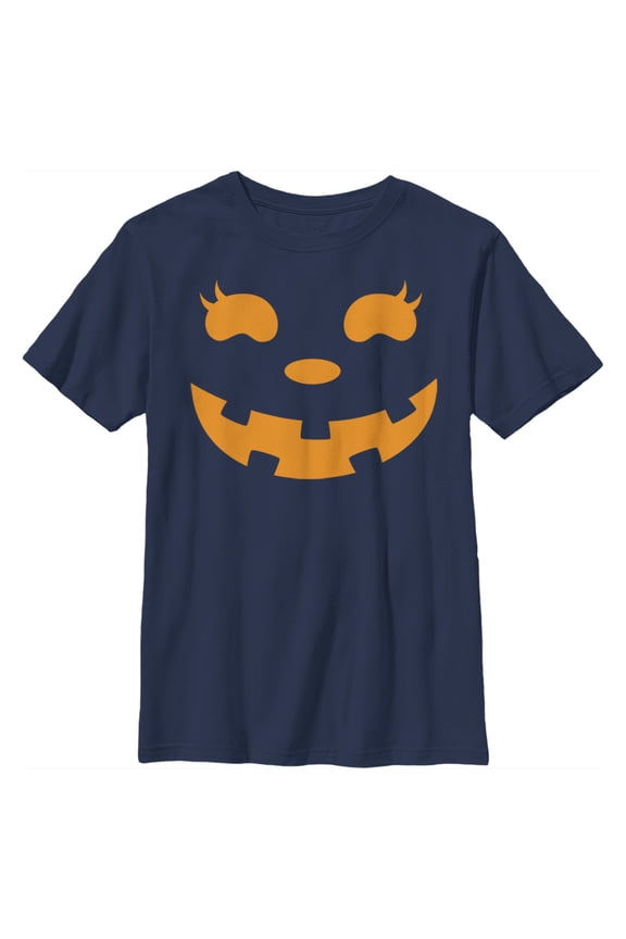 Boy's CHIN UP Halloween Jack o' Lantern Face Graphic Tee Navy Blue Medium