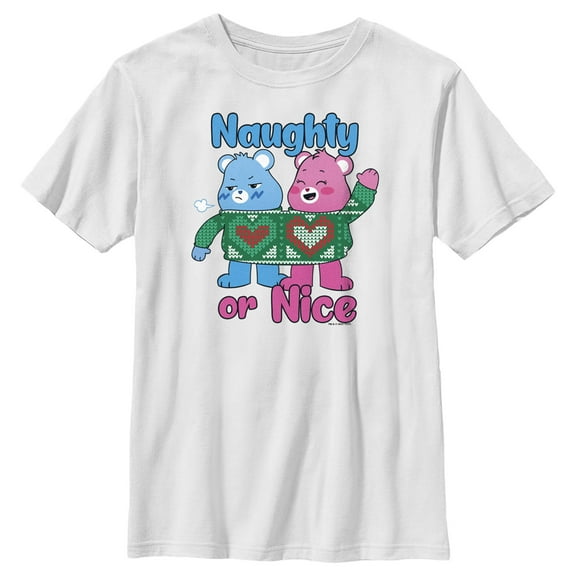 Boy's Care Bears Christmas Cheer Bear and Grumpy Bear Naughty or Nice Graphic Tee White Small