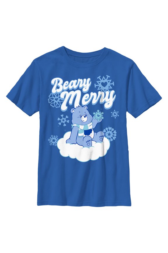 Boy's Care Bears Christmas Grumpy Bear Beary Merry Graphic Tee Royal Blue Medium