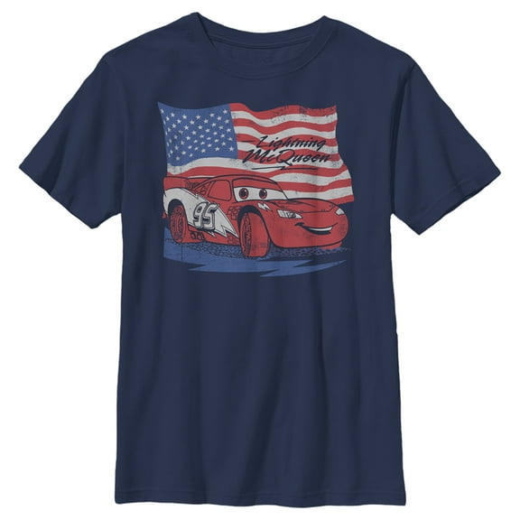 Boy's Cars Lightning McQueen American Flag Race  Graphic Tee Navy Blue X Small