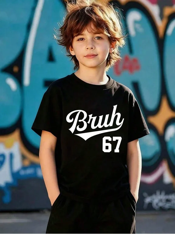 Boy's Casual Graphic Bruh 67 Varsity T-Shirt