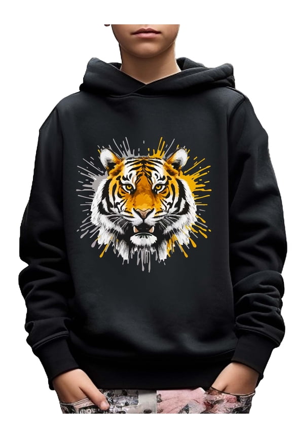 Boy's Casual Hoodie, Cool Tiger Print Long Sleeve Comfy Trendy Pullover Sweatshirt For Spring Fall Outdoor 5-14