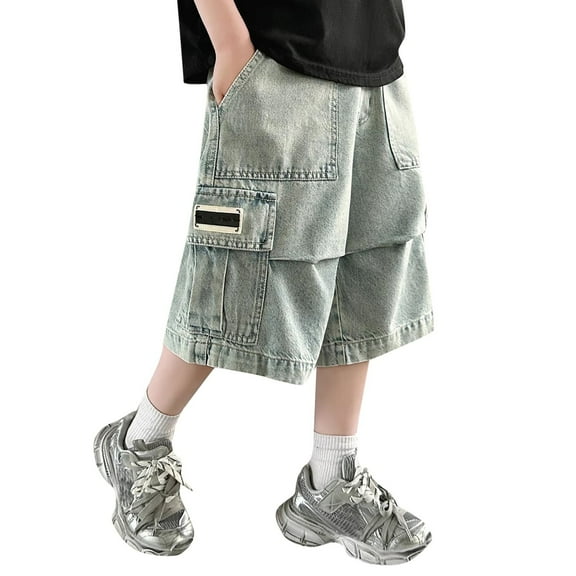 Boy's Casual Straight Leg Denim Shorts Loose Denim Pants with Pockets Loose Fit Oversized Vintage Streetwear,Color:Blue,Size:11-12 Years