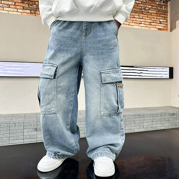 Boy's Casual Straight Leg Jeans Loose Denim Pants With Pockets Classic Boys Pants Blue 9-10 Years