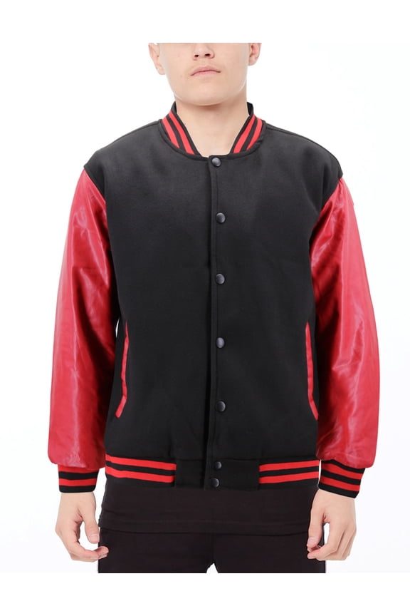 Boy's Classic Two Tone Snap Button College Sports Kids Letterman Varsity Jacket (Black/Red, L(14-16))