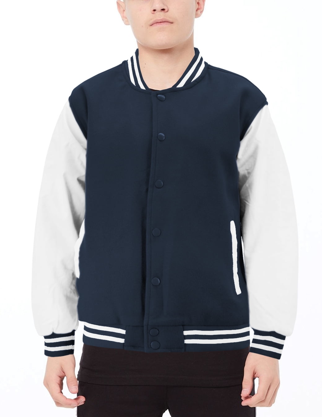 Boy s Classic Two Tone Snap Button College Sports Kids Letterman Varsity Jacket Navy White XL 18 Walmart