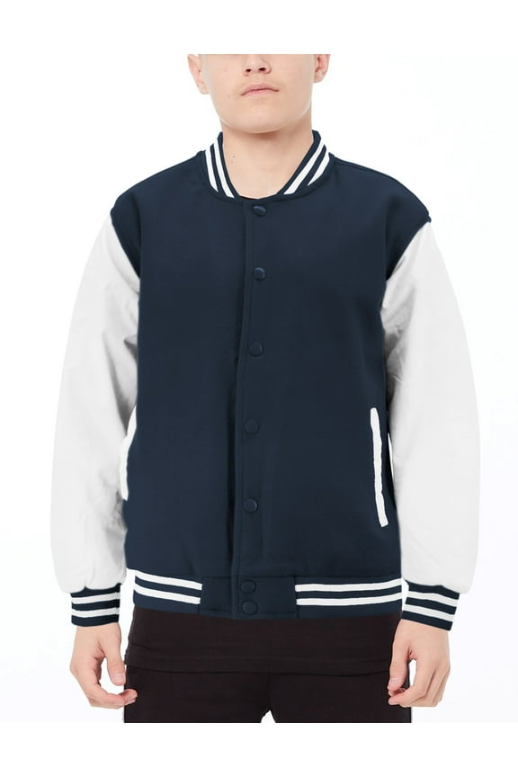 Boy's Classic Two Tone Snap Button College Sports Kids Letterman Varsity Jacket (Navy/White, XL(18))