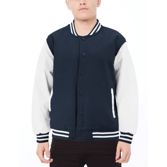 Boy's Classic Two Tone Snap Button College Sports Kids Letterman Varsity Jacket (Navy/White, XL(18))