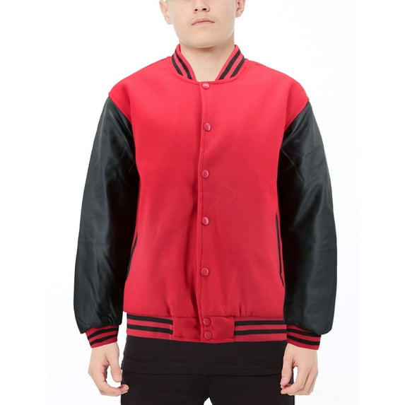 Boy's Classic Two Tone Snap Button College Sports Kids Letterman Varsity Jacket (Red/Black, XL(18))