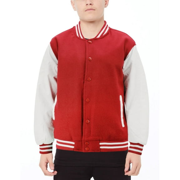 Boy's Classic Two Tone Snap Button College Sports Kids Letterman Varsity Jacket (Red/White, XL(18))