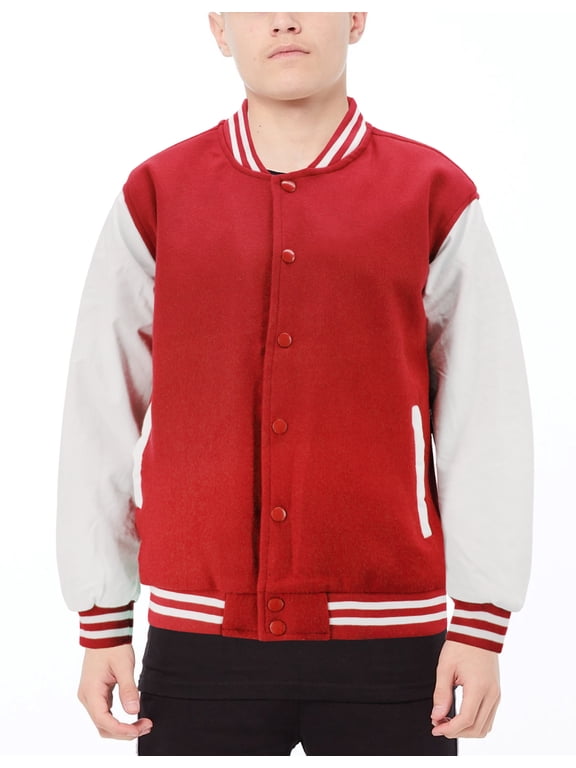Boy's Classic Two Tone Snap Button College Sports Kids Letterman Varsity Jacket (Red/White, XL(18))