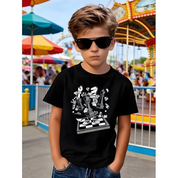 Boy's Cool Cartoon Chess Pieces Board Game Graphic T-Shirt