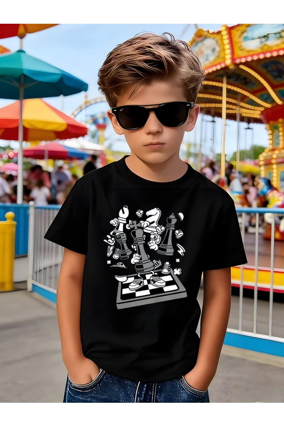 Boy's Cool Cartoon Chess Pieces Board Game Graphic T-Shirt