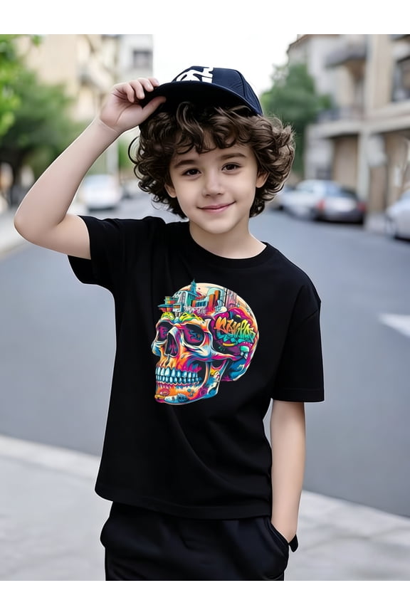 Boy's Cool Colorful Graffiti Art Skull Graphic T-Shirt