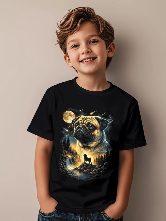 Boy's Cool Graphic Pug Dog Galaxy Night T-Shirt