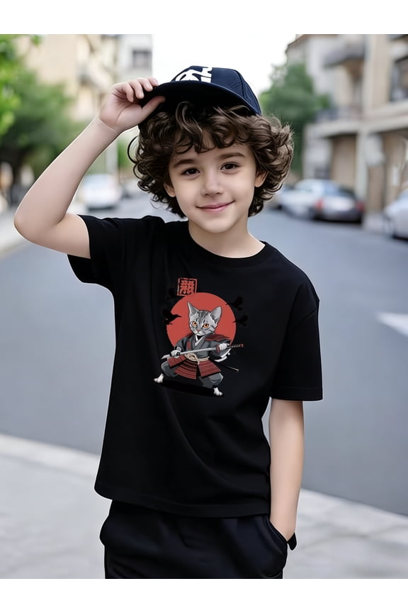Boy's Cool Japanese Samurai Cat Graphic T-Shirt