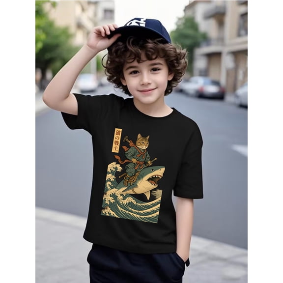 Boy's Cool Japanese Samurai Cat Shark Graphic T-Shirt