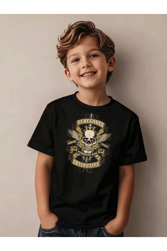 Boy's Cool Retro Biker Winged Skull Graphic T-Shirt