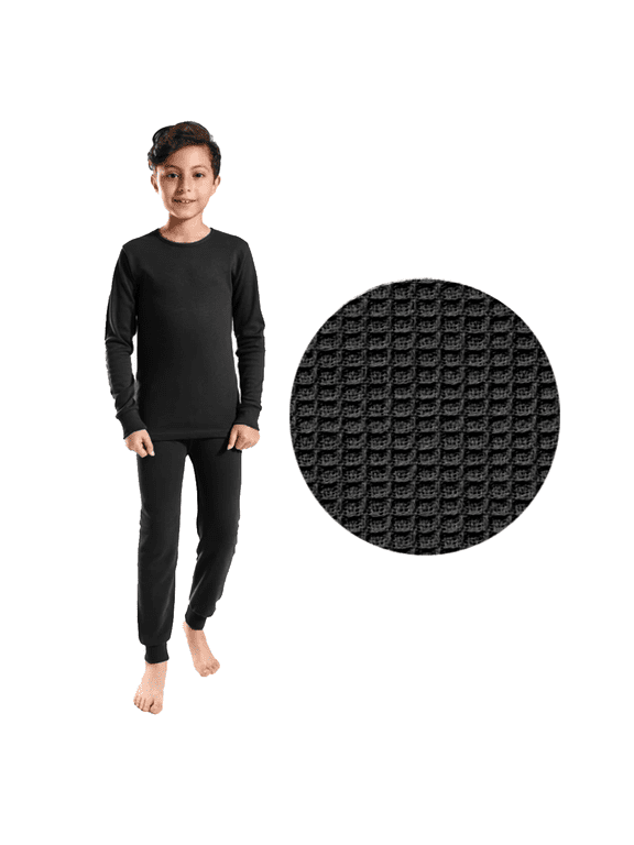 Boy's Cotton Blend Light Weight Waffle Knit Thermal Top & Bottom Underwear Set, Black, Large