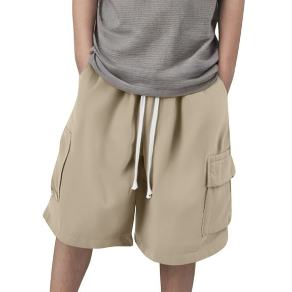 Boy's Cotton Cargo Shorts with Multi-pockets Loose Drawstring Elastic Waist Pull On Summer Long Shorts (16-17 Years, Khaki)