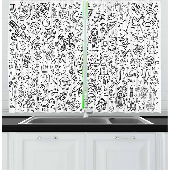 Boy's Curtains 2 Panels Set, Astro Sketch Abstract Planets in Doodle Drawing Style Children's Cartoon Composition, Window Drapes for Living Room Bedroom, 55W X 39L Inches, Black White, by Ambesonne