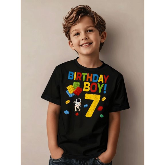 Boy's Cute Building Block 7th Birthday Graphic T-Shirt