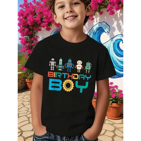 Boy's Cute Cartoon Robot Birthday Boy T-Shirt