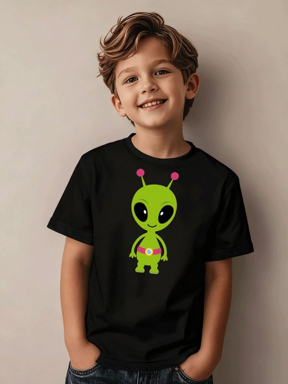 Boy's Cute Casual Green Alien Graphic T-Shirt