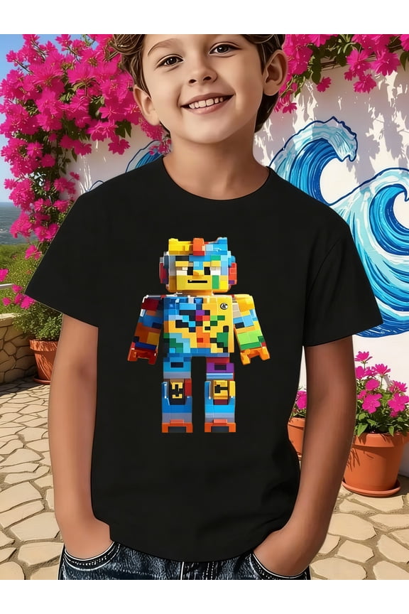 Boy's Cute Colorful Building Block Robot Graphic T-Shirt