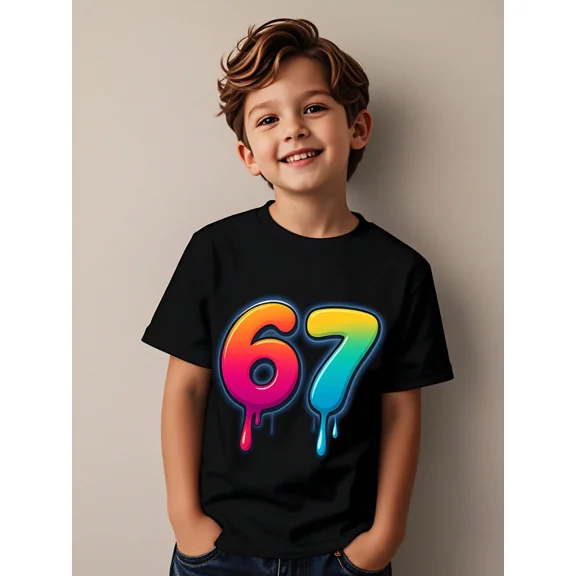 Boy's Cute Colorful Dripping Number 67 T-Shirt