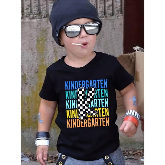 Boy's Cute Retro Checkered Letter K Kindergarten T-Shirt
