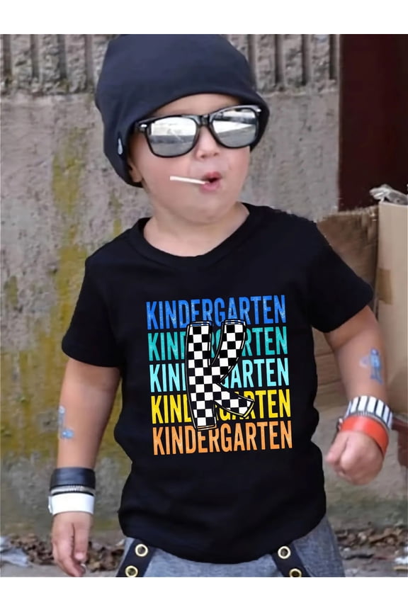 Boy's Cute Retro Checkered Letter K Kindergarten T-Shirt