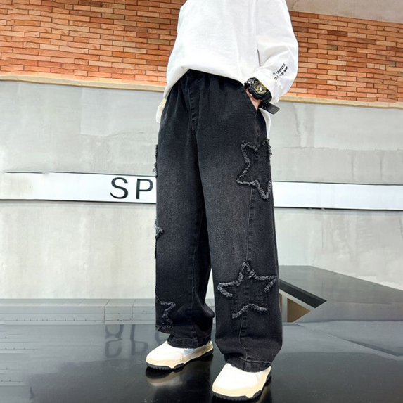 Boy's Cute Star Ripped Jeans Baggy Elastic Waist Straight Wide Leg Distressed Denim Pants Teen Kids Cute High Waist Streetwear Y2 Trousers