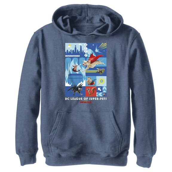 Boy's DC League of Super-Pets Battle Ready Poster Pull Over Hoodie Navy Blue Heather Small