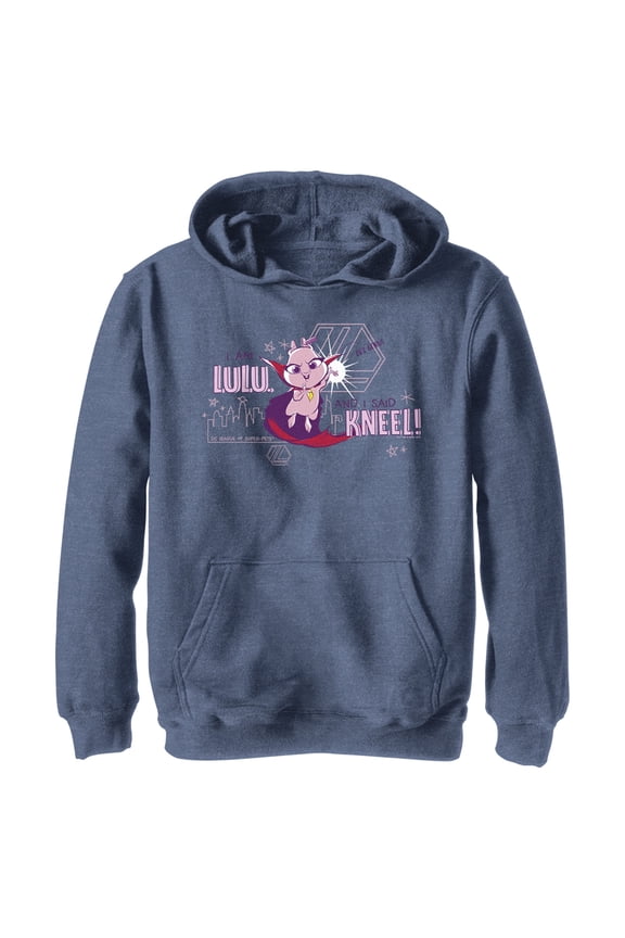 Boy's DC League of Super-Pets I am Lulu and I Said Kneel Cartoon Pull Over Hoodie Navy Blue Heather Small