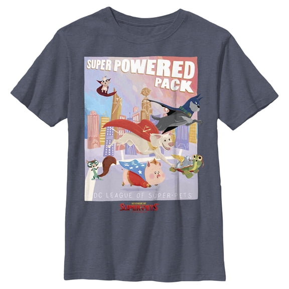 Boy's DC League of Super-Pets Powered Pack Poster Graphic Tee Navy Blue Heather X Large