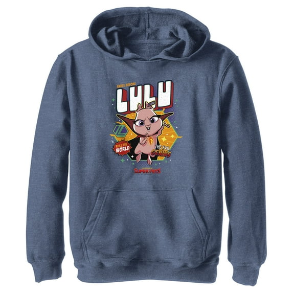 Boy's DC League of Super-Pets Rule the World Lulu Badge Pull Over Hoodie Navy Blue Heather Large