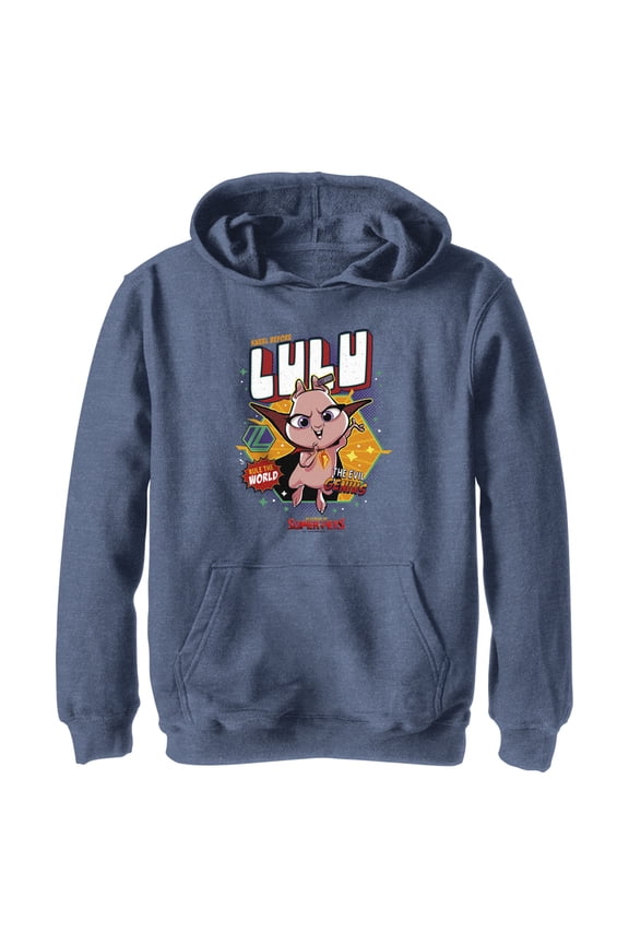 Boy's DC League of Super-Pets Rule the World Lulu Badge  Pull Over Hoodie Navy Blue Heather Medium