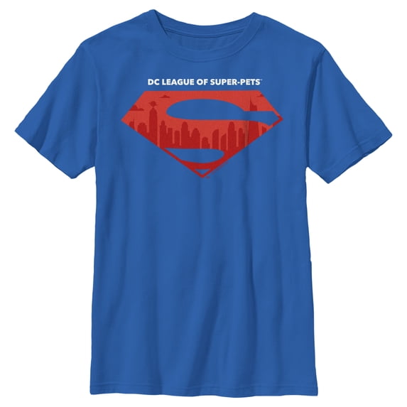 Boy's DC League of Super-Pets Skyline Superman Crest Graphic Tee Royal Blue X Small