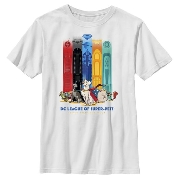 Boy's DC League of Super-Pets Super Powered Pack Towers Graphic Tee White Large