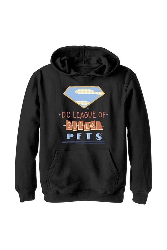 Boy's DC League of Super-Pets Superman Dot Logo Cutouts Pull Over Hoodie Black X Large