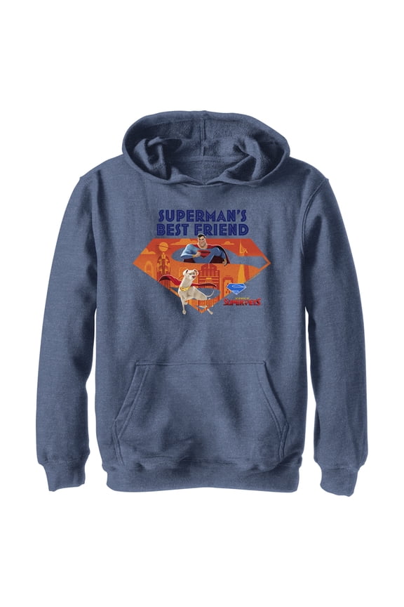 Boy's DC League of Super-Pets Superman's Best Friend Krypto Logo Pull Over Hoodie Navy Blue Heather Medium