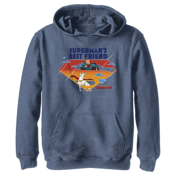 Boy's DC League of Super-Pets Superman's Best Friend Logo  Pull Over Hoodie Navy Blue Heather Small