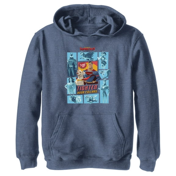 Boy's DC League of Super-Pets Tighten Your Collars Panels Pull Over Hoodie Navy Blue Heather Small