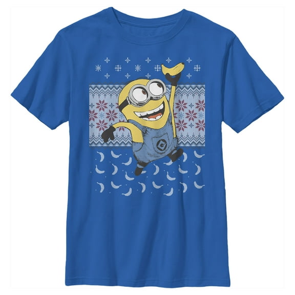 Boy's Despicable Me Ugly Christmas Minons Banana  Graphic Tee Royal Blue X Large